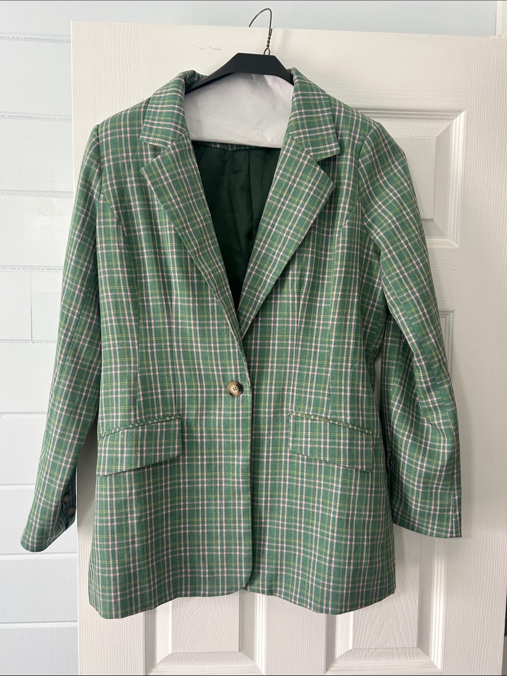 Vici Green Plaid Blazer Jacket with Pink & White Accents